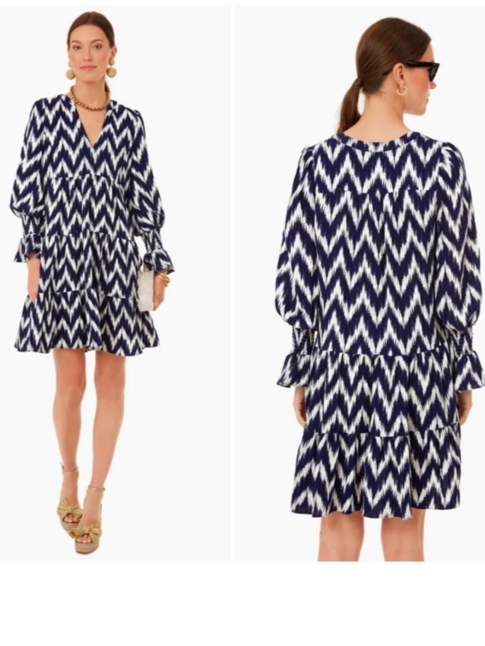 Pomander Place Navy White Ikat Kenzo Dress Chevron Tiered Mini Women's Medium